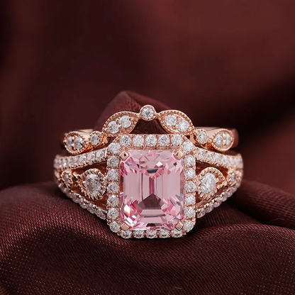 Pink Emerald Cut Diamond 18K Solid Gold Wedding Ring Set