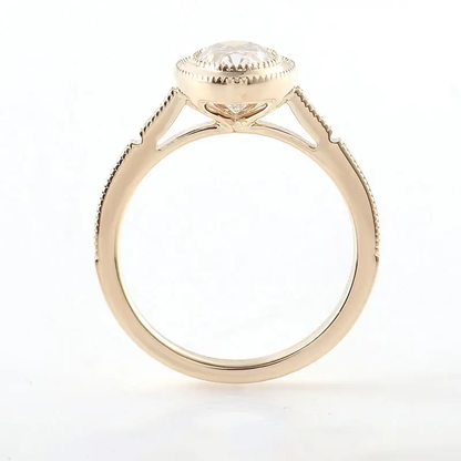 Oval Cut Paved Diamond Engagement Ring 18K Yellow Gold Bezel Set Ring