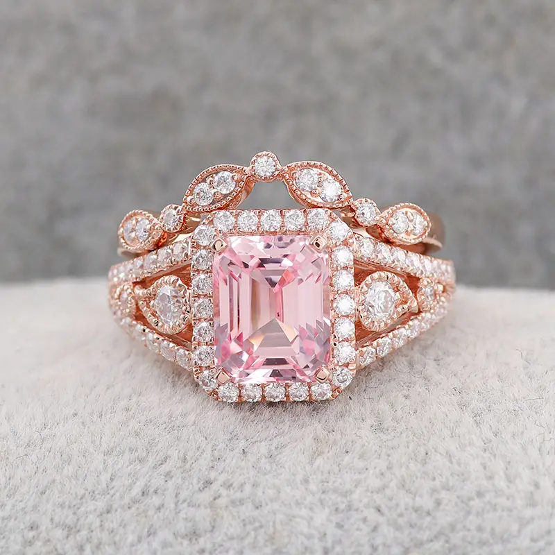 Pink Emerald Cut Diamond 18K Solid Gold Wedding Ring Set