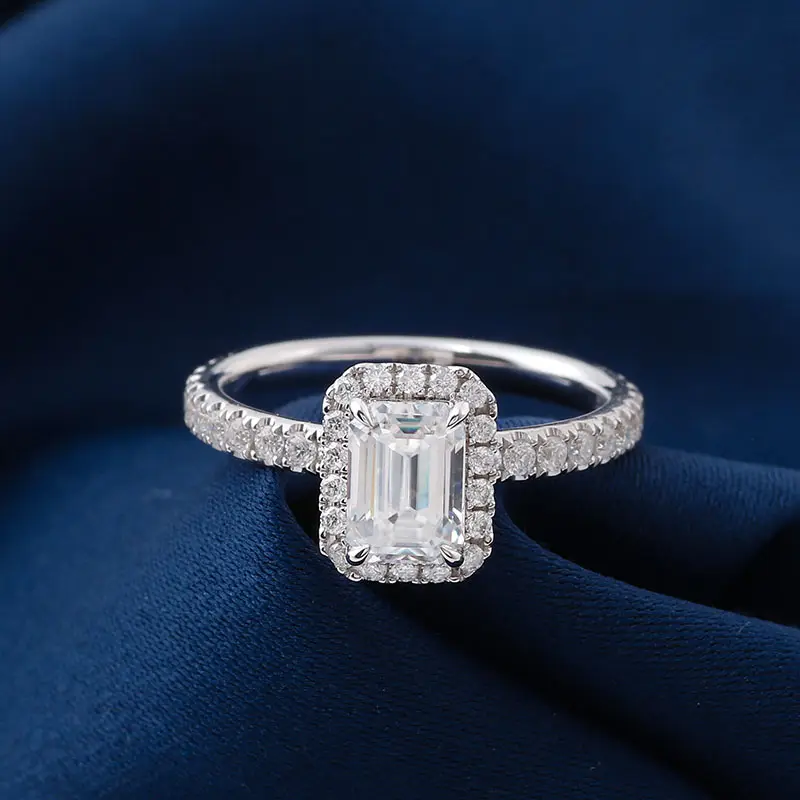 Emerald Cut Solitaire Ring in 14K Gold Halo Setting