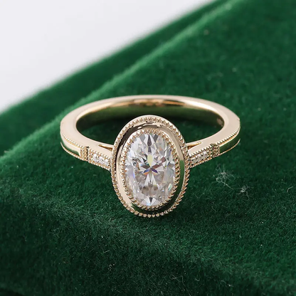 Oval Cut Paved Diamond Engagement Ring 18K Yellow Gold Bezel Set Ring