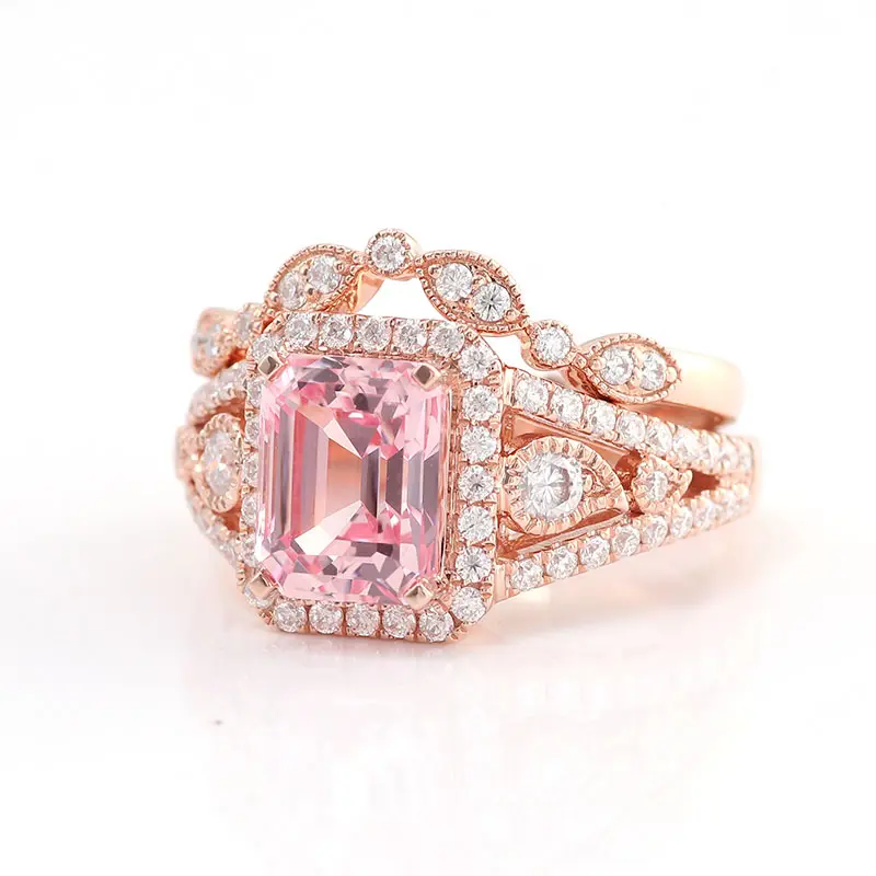 Pink Emerald Cut Diamond 18K Solid Gold Wedding Ring Set