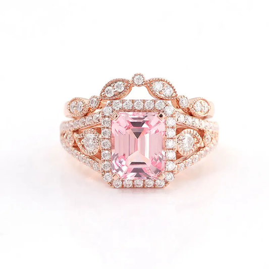 Pink Emerald Cut Diamond 18K Solid Gold Wedding Ring Set