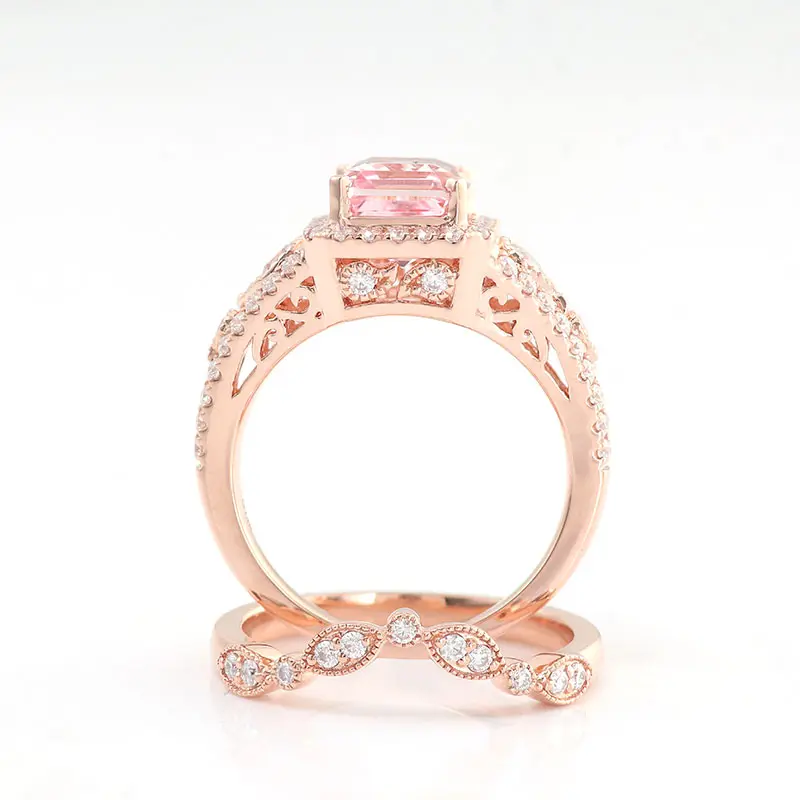 Pink Emerald Cut Diamond 18K Solid Gold Wedding Ring Set