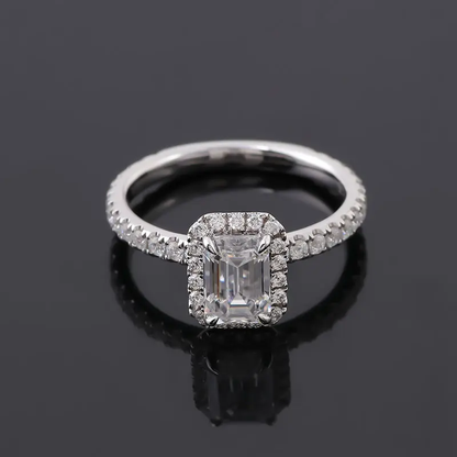 Emerald Cut Solitaire Ring in 14K Gold Halo Setting