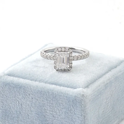 Emerald Cut Solitaire Ring in 14K Gold Halo Setting