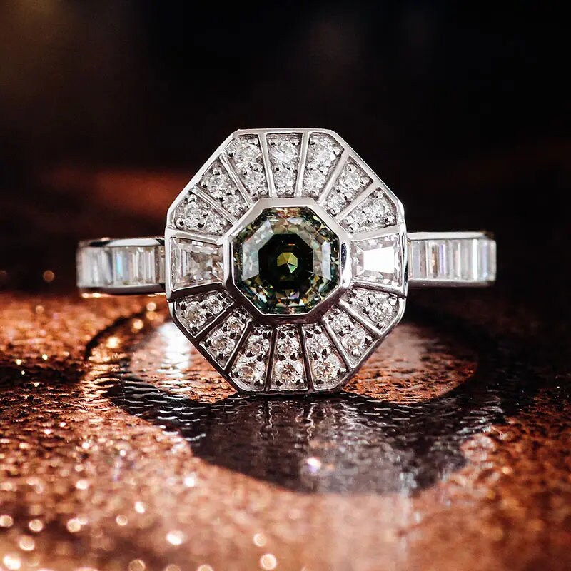 Green Antique Cut Unique Color Lab-Diamond Engagement Ring