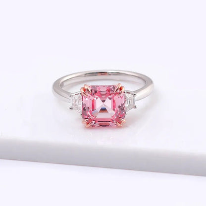 Two Tone Three Stone 1.76 Carat Asscher Cut Lab Created Pink Engagement Ring