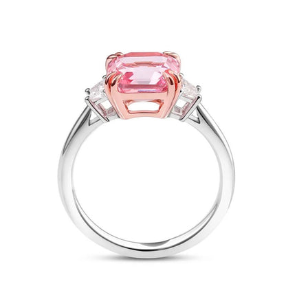 Two Tone Three Stone 1.76 Carat Asscher Cut Lab Created Pink Engagement Ring