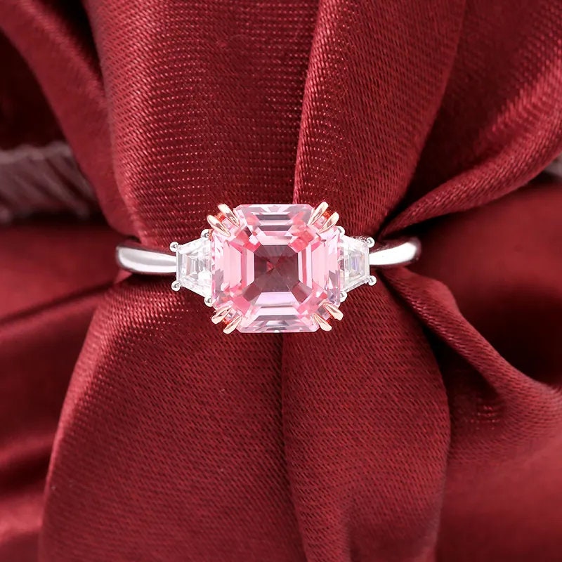 Two Tone Three Stone 1.76 Carat Asscher Cut Lab Created Pink Engagement Ring