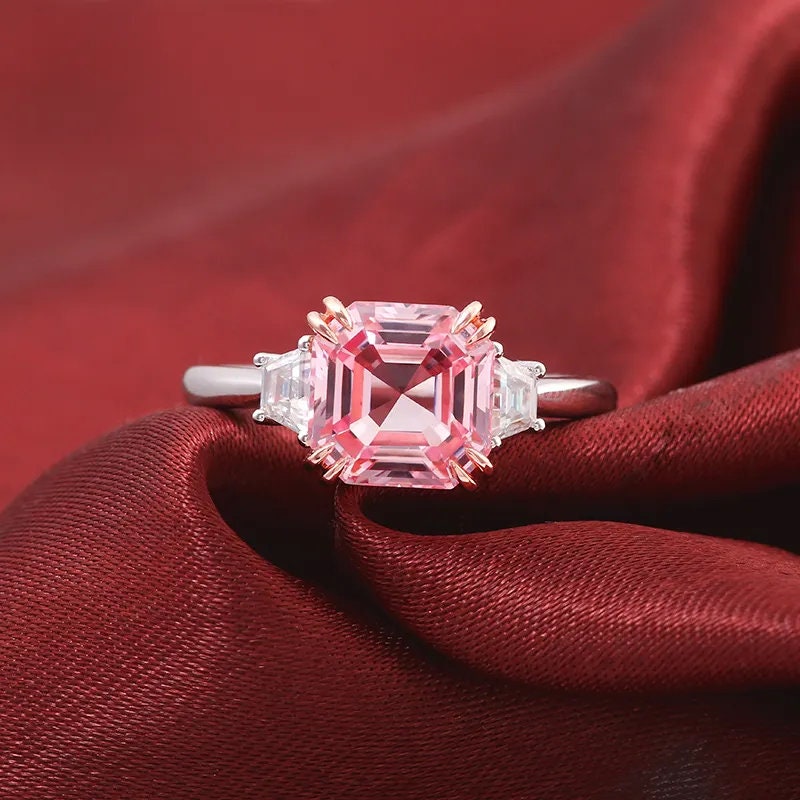 Two Tone Three Stone 1.76 Carat Asscher Cut Lab Created Pink Engagement Ring