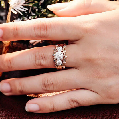 Three Stone Round Cut Diamond Wedding Ring Set | Leaves Shaped 14K Solid Yellow Gold Unique Ring Set | Two Band With Vintage Ring Set