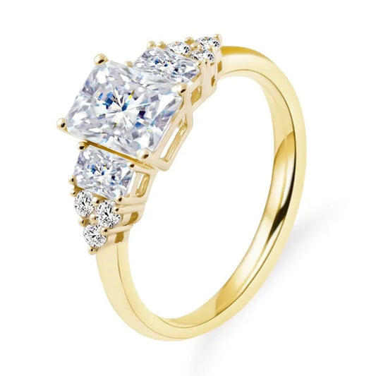 2.01 CTS Radiant Cut and Round Cut Three Stone Diamond 14K Solid Yellow Gold Ring