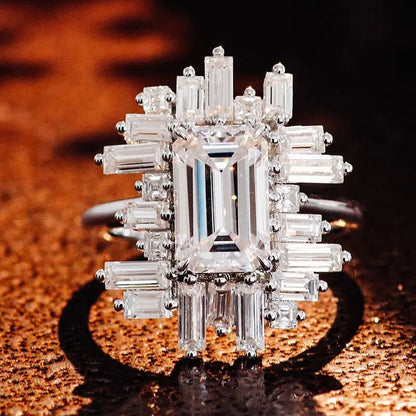 2.97 CT Emerald Cut Eco Diamond Anniversary Ring | Halo Baguette 14K Gold Cluster Ring