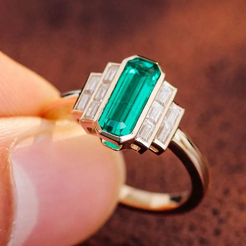 Emerald Cut & Baguettes Moissanite Engagement Ring