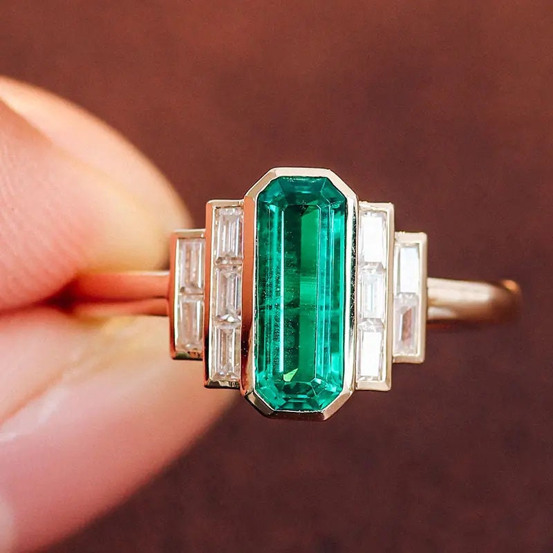 Emerald Cut & Baguettes Moissanite Engagement Ring