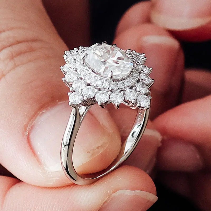Unique Oval Cut Diamond Ring Vintage Style White Gold Wedding Ring
