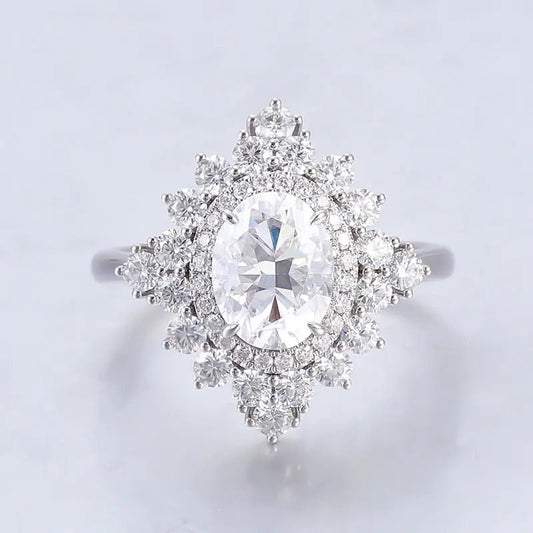 独特的椭圆形切割钻石戒指复古风格白金结婚戒指