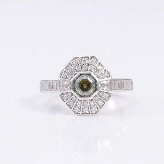 Green Antique Cut Unique Color Lab-Diamond Engagement Ring