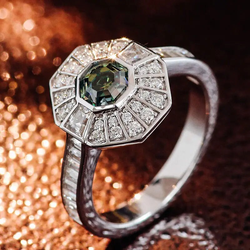 Green Antique Cut Unique Color Lab-Diamond Engagement Ring