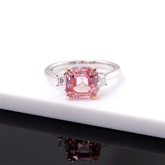 Two Tone Three Stone 1.76 Carat Asscher Cut Lab Created Pink Engagement Ring