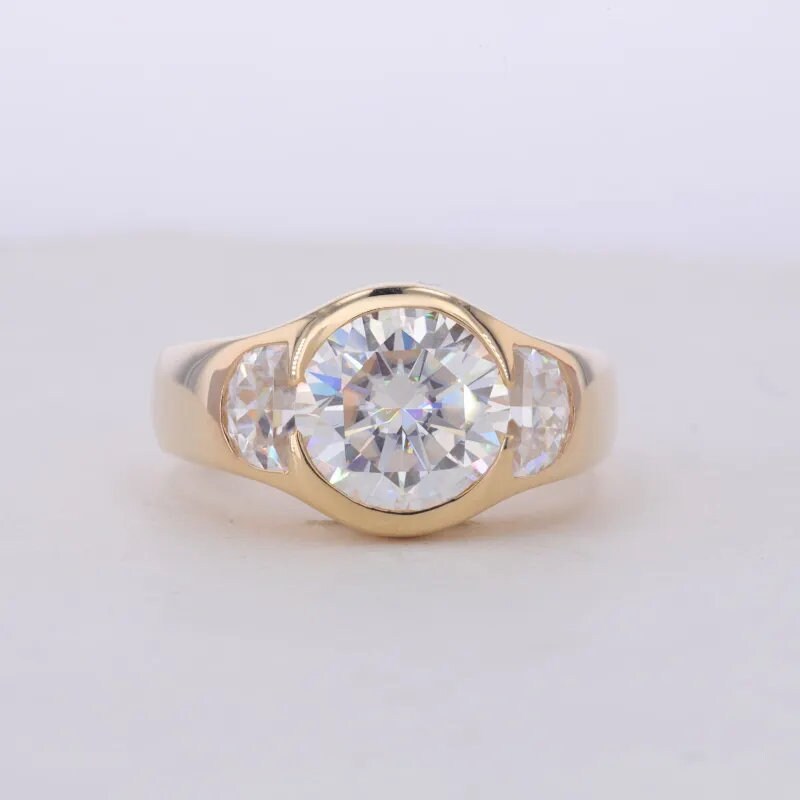 Round and Demilune Lab-Grown Diamond Bezel Set Three Stone 14K Solid Gold Ring