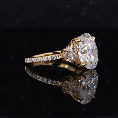 10K Solid Yellow Gold Oval & Demilune Cut Three Stone hidden halo Diamond Engagement Ring