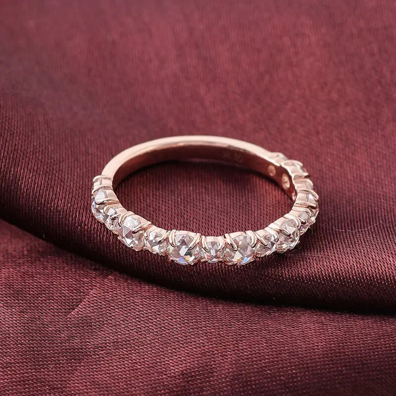 14K Solid Rose Gold Rose Cut Round Lab-Grown Diamond Unique Vintage Style Band