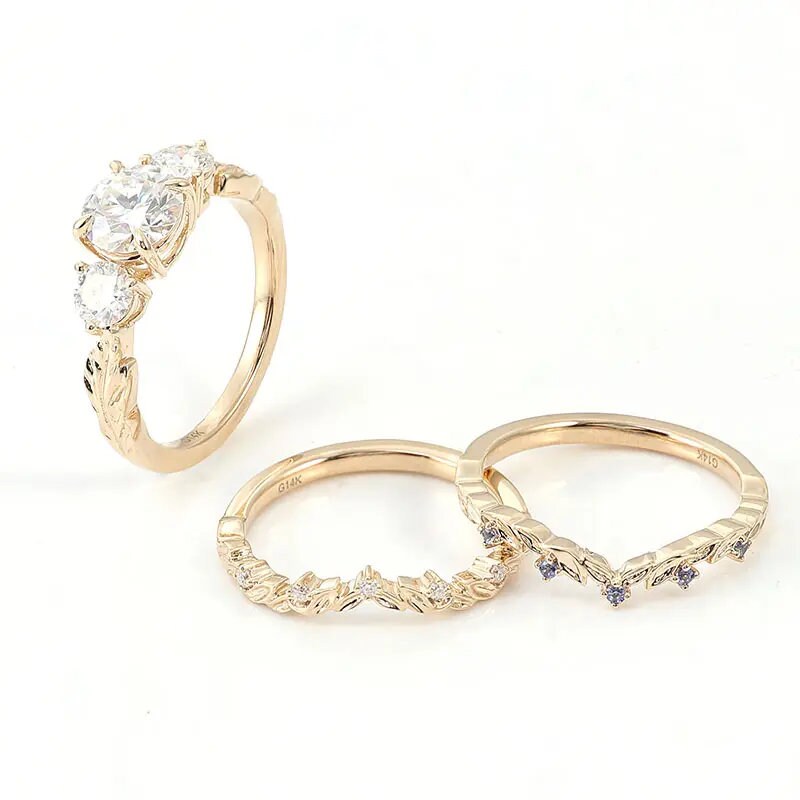 Three Stone Round Cut Diamond Wedding Ring Set | Leaves Shaped 14K Solid Yellow Gold Unique Ring Set | Two Band With Vintage Ring Set