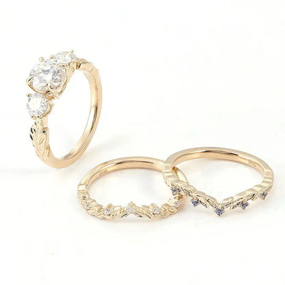 Three Stone Round Cut Diamond Wedding Ring Set | Leaves Shaped 14K Solid Yellow Gold Unique Ring Set | Two Band With Vintage Ring Set