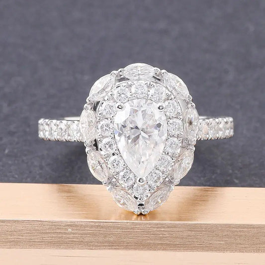 梨形切割订婚戒指，带特色榄尖形和圆形切割钻石/精美星爆光环/14K 纯金戒指/送给她的周年纪念礼物