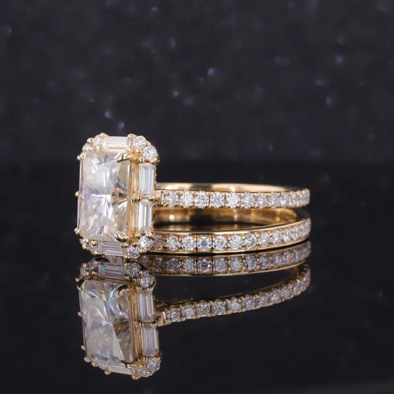 3.01 CT Radiant Cut Hidden Halo Engagement Bride's Ring Set