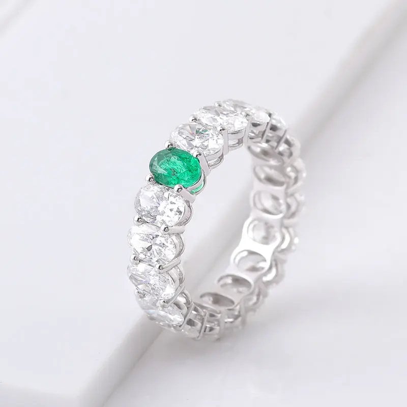 Oval Shape Emerald and Diamond Eternity Engagement Band