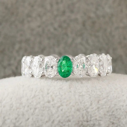 Oval Shape Emerald and Diamond Eternity Engagement Band