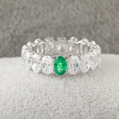 Oval Shape Emerald and Diamond Eternity Engagement Band