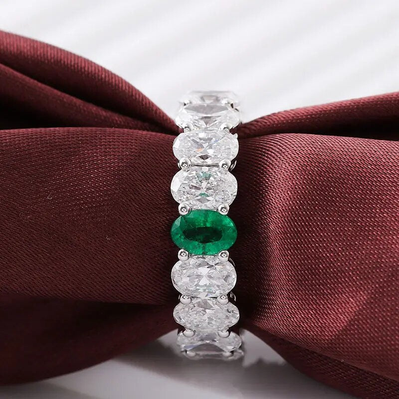 Oval Shape Emerald and Diamond Eternity Engagement Band