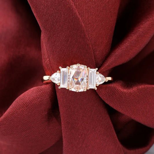 Light Brown Rose Cut Elongated Cushion 5 Stone Lab Grown Diamond Engagement Ring