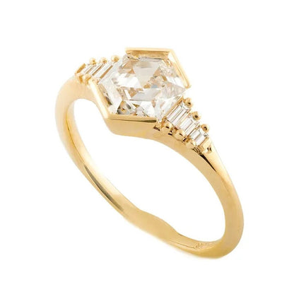 1.19 CT Asscher & Baguette Cut Diamond 14K Solid Yellow Gold Ring
