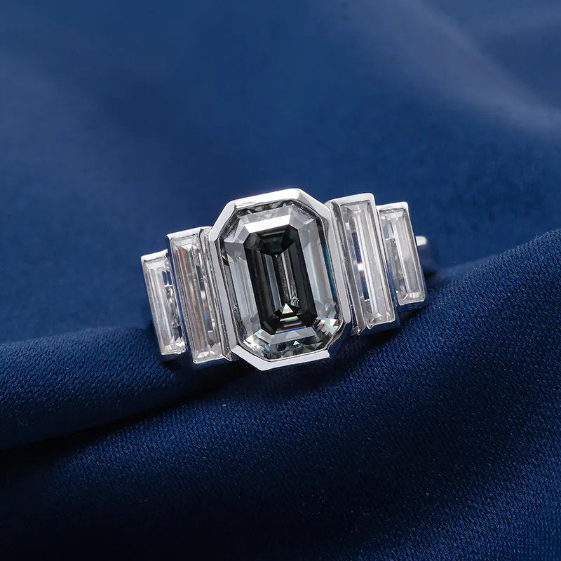 2.00 CT Emerald Cut Grey Colour Moissanite Diamond 5 Stone Ring