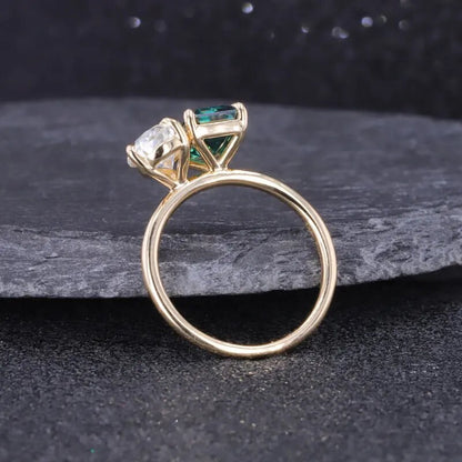 Pear & Emerald Diamond Toi Et Moi Ring/Lab Grown Diamond You And Me Ring/14K Yellow Gold Lab Diamond Ring/ Birthday Gift For Girl Friend