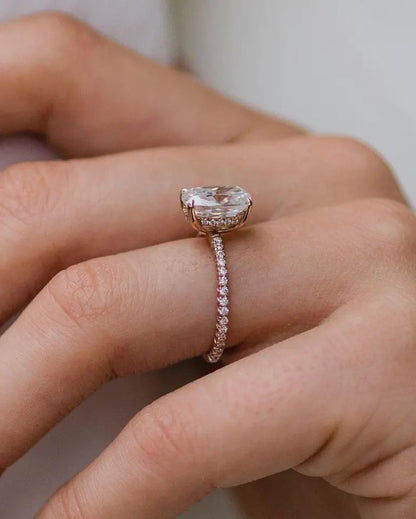 2.98 克拉隐藏光环莫桑石订婚戒指加长垫形切割钻石戒指/14K 玫瑰金经典永恒承诺结婚戒指