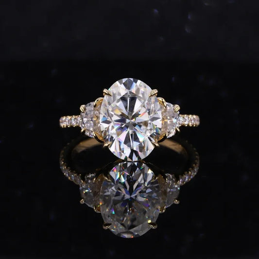10K Solid Yellow Gold Oval & Demilune Cut Three Stone hidden halo Diamond Engagement Ring