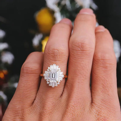 3.23 CT Emerald Cut Cluster Halo Lab Grown Diamond Engagement Ring