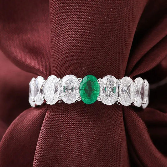 Oval Shape Emerald and Diamond Eternity Engagement Band