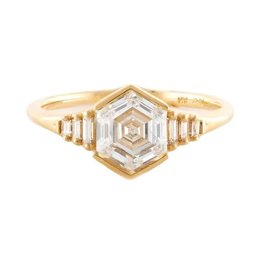 1.19 CT Asscher & Baguette Cut Diamond 14K Solid Yellow Gold Ring