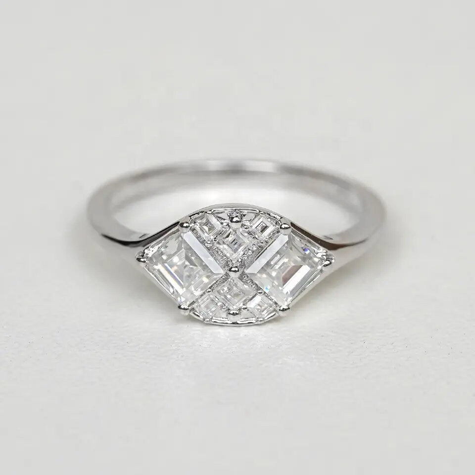 Two Stone Asscher Cut Diamond Engagement Ring/Toi Et Moi Wedding Ring/Asscher Cut Moissanite Ring/Solitaire Pave Gold Bridal Ring