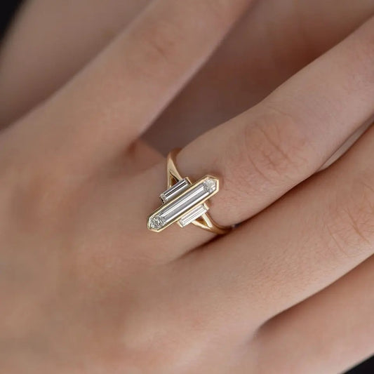 Long Baguette Cut Diamond 3 Stone Engagement Ring