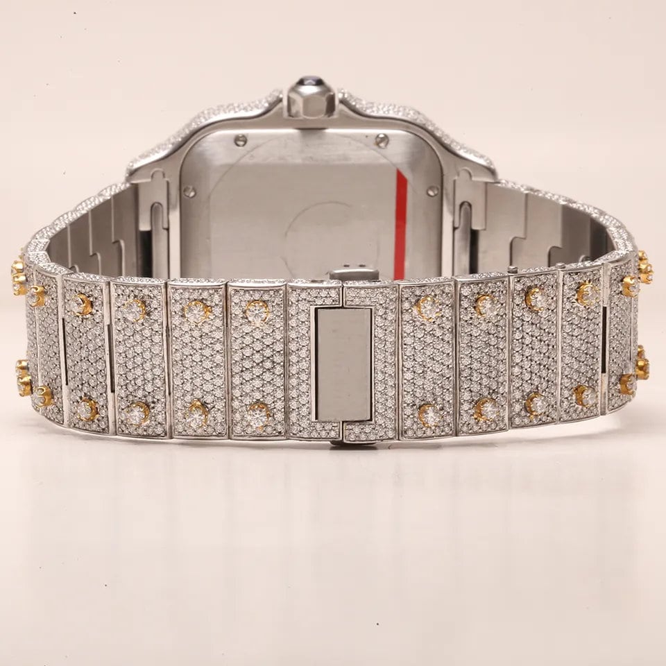 Hand Fixed Moissanite Diamonds on Cartier de Santos | Japanese Mechanism High Quality Diamond Watch